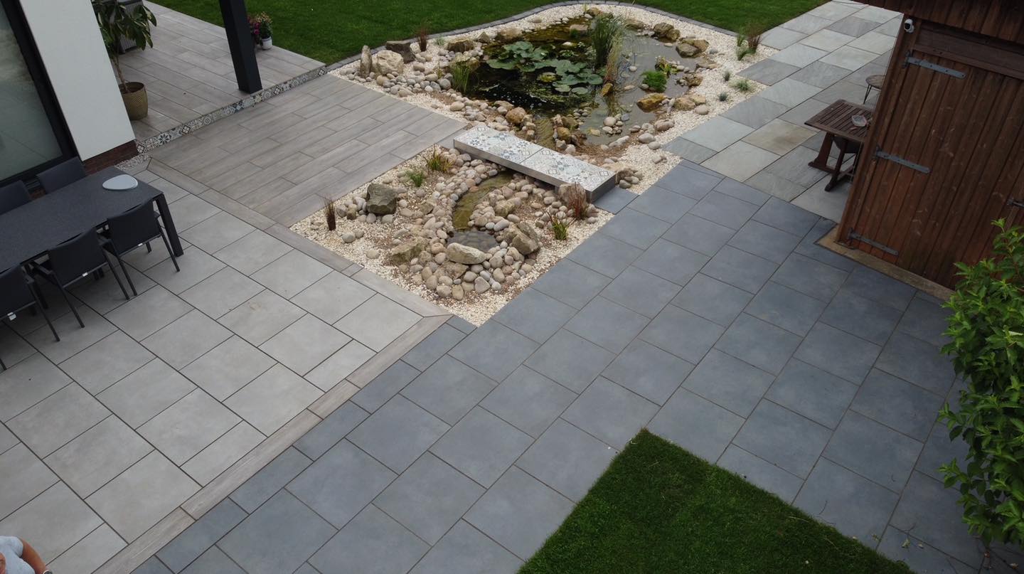 Patio with pond feature in centre