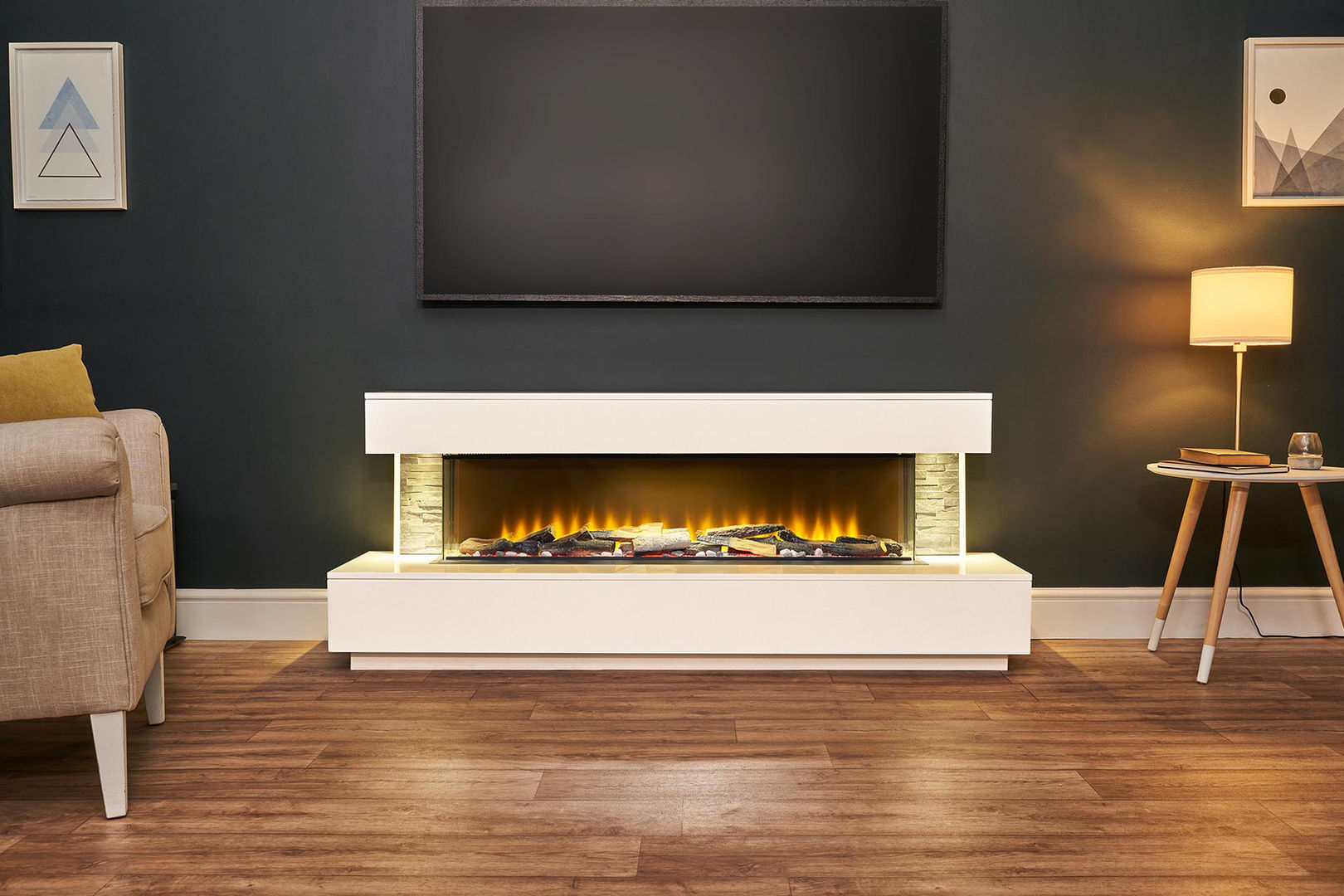 white fireplace media wall