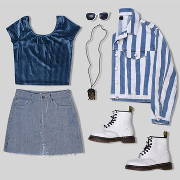 Set of blue themed ladies clothing, including stripy jacket and denim skirt 