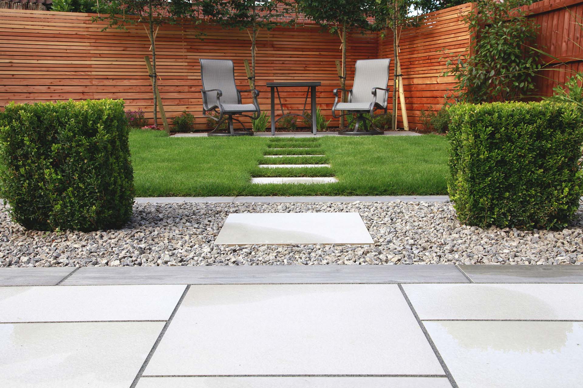 Newly designed and built garden with patio, lawn and planting