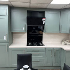 Soft duck egg new kitchen cabinets with white counter tops