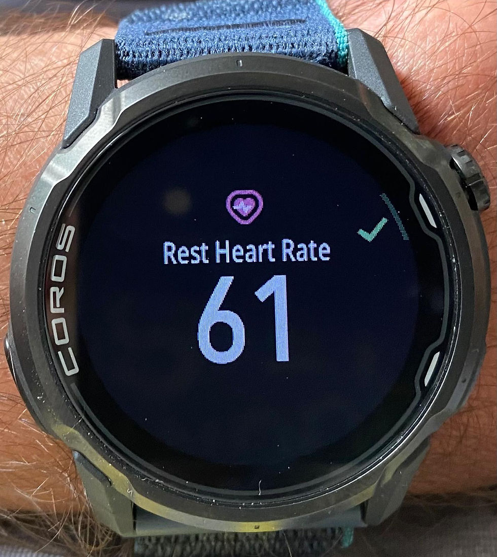 A sports watch showing a resting heart rate