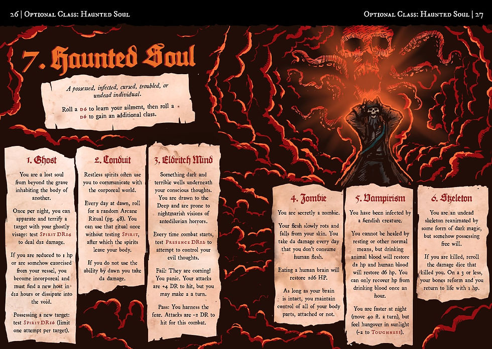 The page spread of the Haunted Soul class in PirateBorg's book. Features a skeleton pirate holding its temples as a cloud of red smoke fills the page featuring a skull with tentacles spreading from it. Paper snippets throughout the spread feature the class's abilities and subtypes.