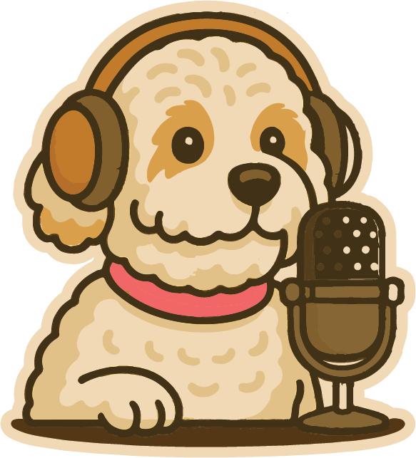 Cartoon of a dog with headphones using a microphone.