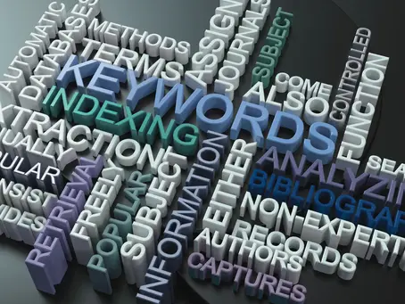 Word cloud that includes words like, "keywords, indexing, analyzing, bibliographic, function, subject, retrieval, formation", etc.
