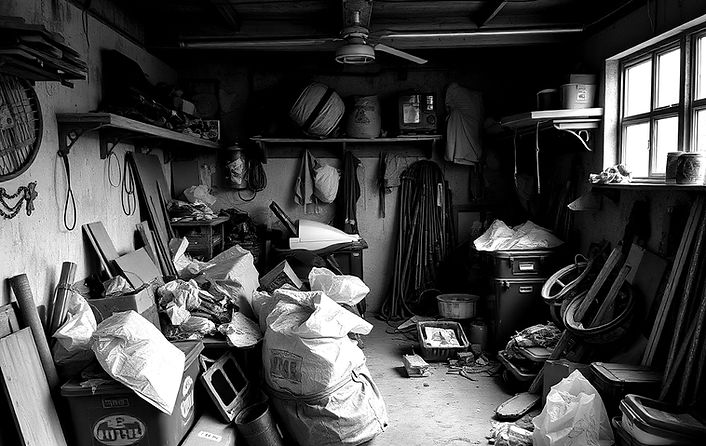 a dirty garage with lots of trash and cl