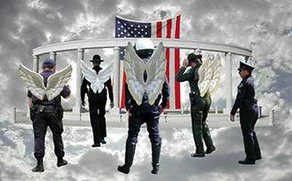 Peace officers with wings in front of heaven's gate and flag