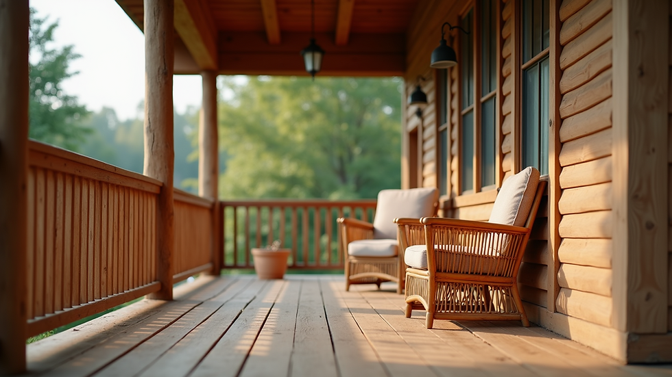 Eye-level view of a beautifully constructed porch with wooden railings and a cozy seating area
