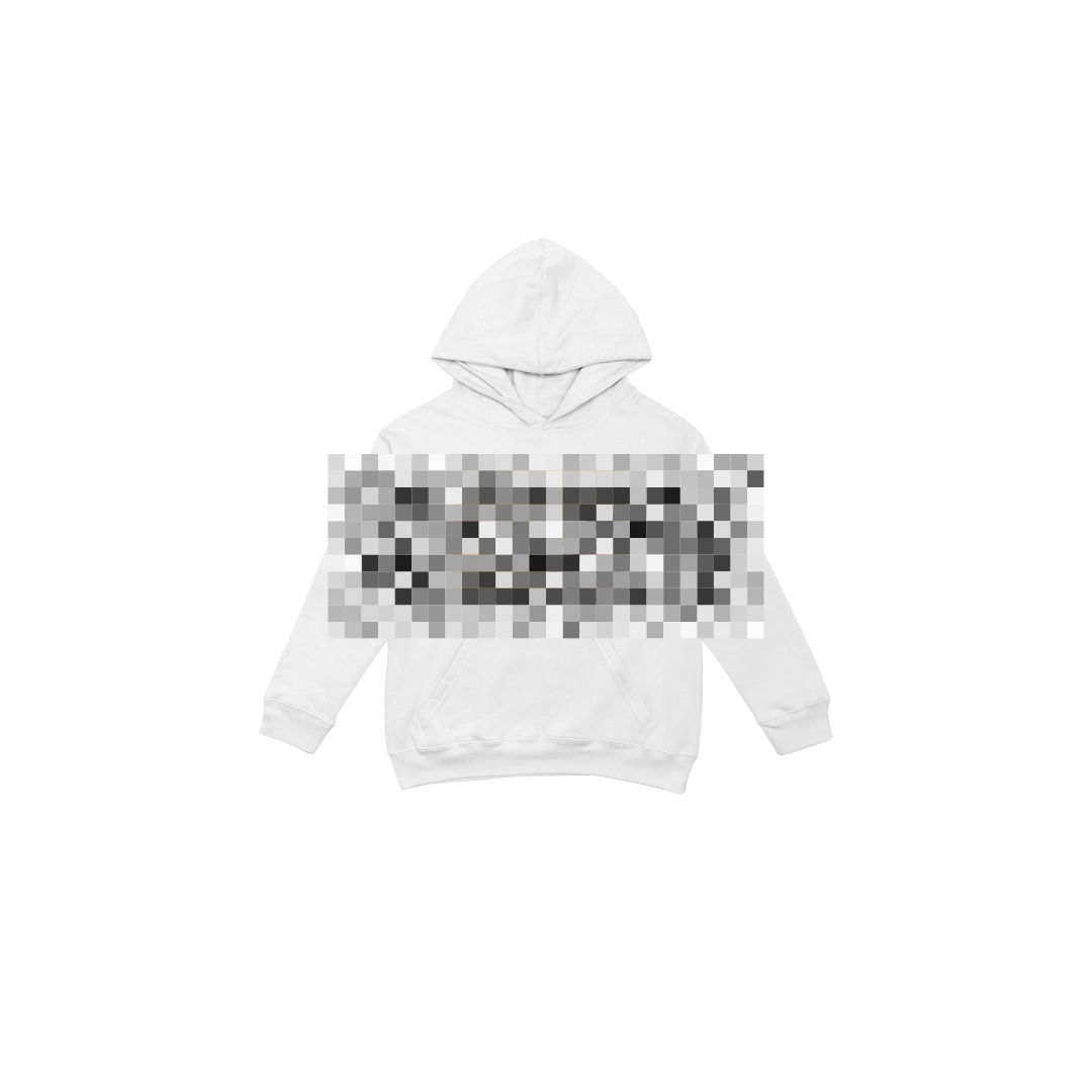white Merch Hoodie with blurred logo as a teaser - in Shop section