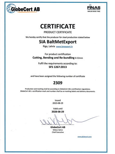 Certificate | BaltMetExport | Full reinforcemnt prefabrication service