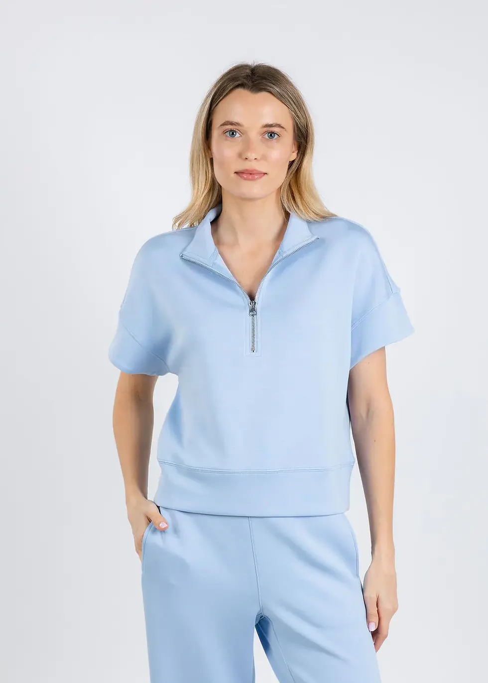 Thumbnail: Elliott Lauren Comfort Zone Quarter Zip Short Sleeve Sweater - Sky Blue