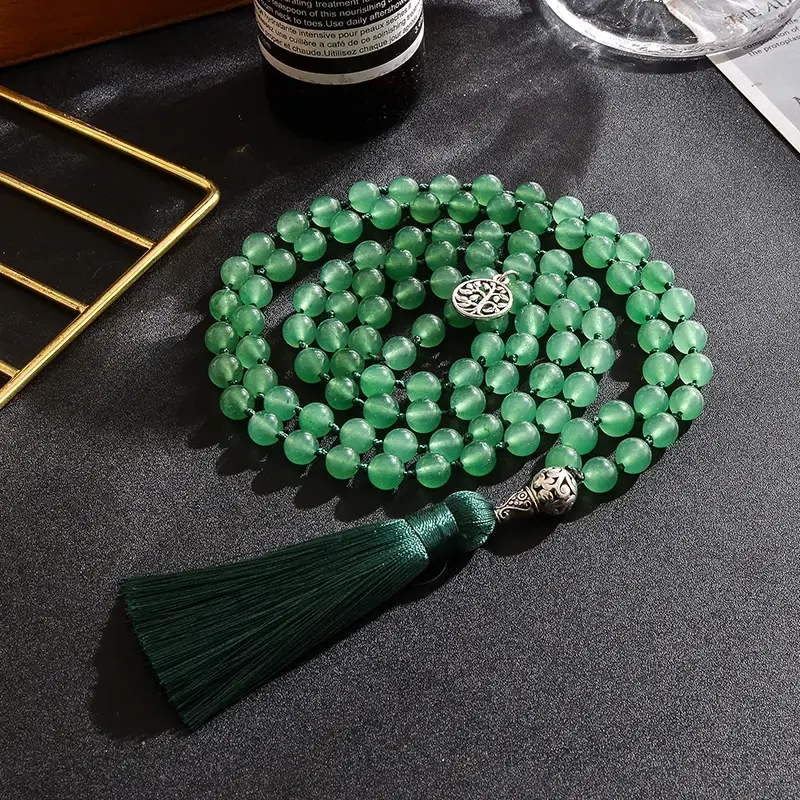 108 Count 8mm Green Aventurine Beads Knotted Japa Mala Necklace for Meditation