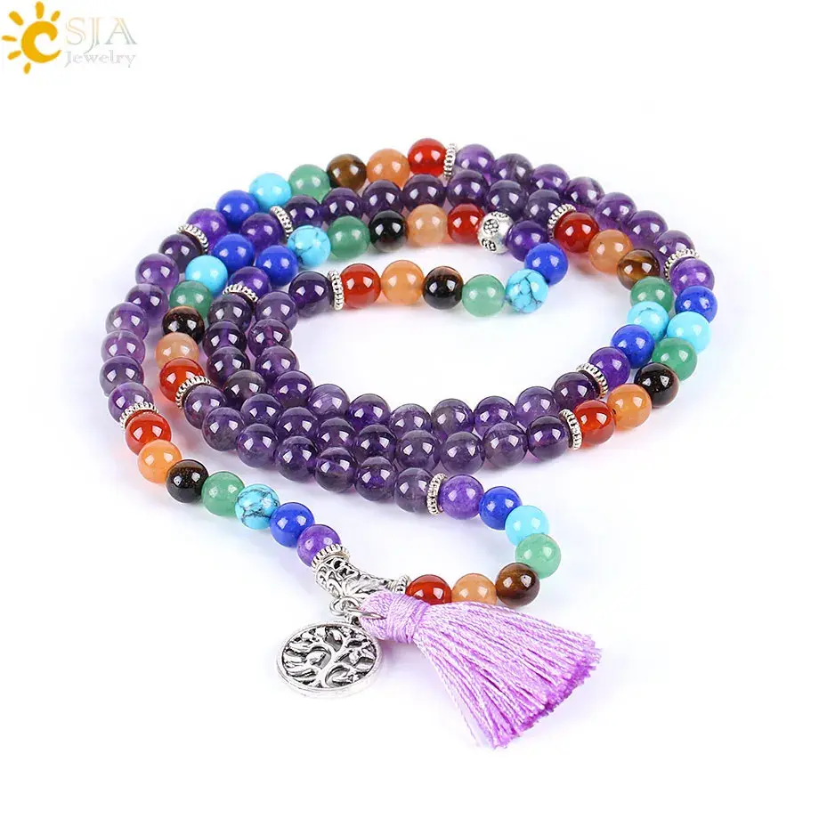 Reiki Natural 7 Chakra Yoga Purple Quartz Mala Beads Meditation Healing