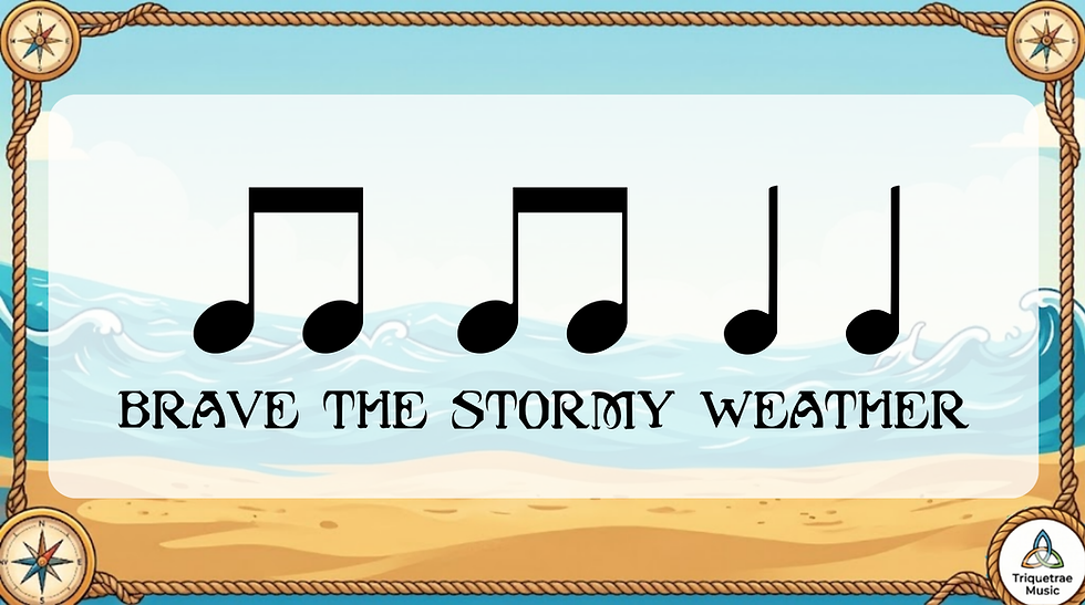 Musical notes over a beach-and-ocean frame with Brave the Stormy Weather text and a Triquetrae Music logo.