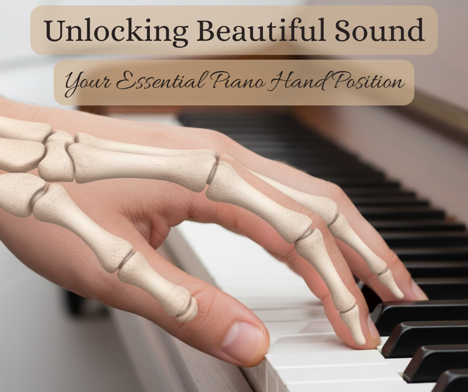 Hand with overlaid bone illustration plays piano keys. Text: "Unlocking Beautiful Sound: Your Essential Piano Hand Position." Mood is educational.