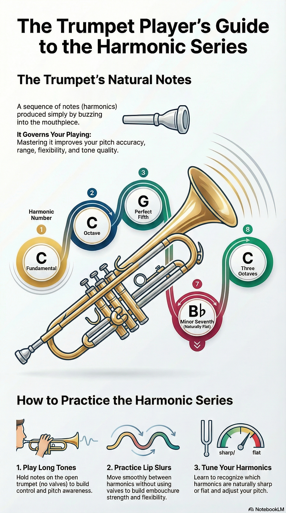 Infographic on trumpet harmonics, shows notes and a trumpet diagram. Tips: play long tones, practice lip slurs, tune pitch.