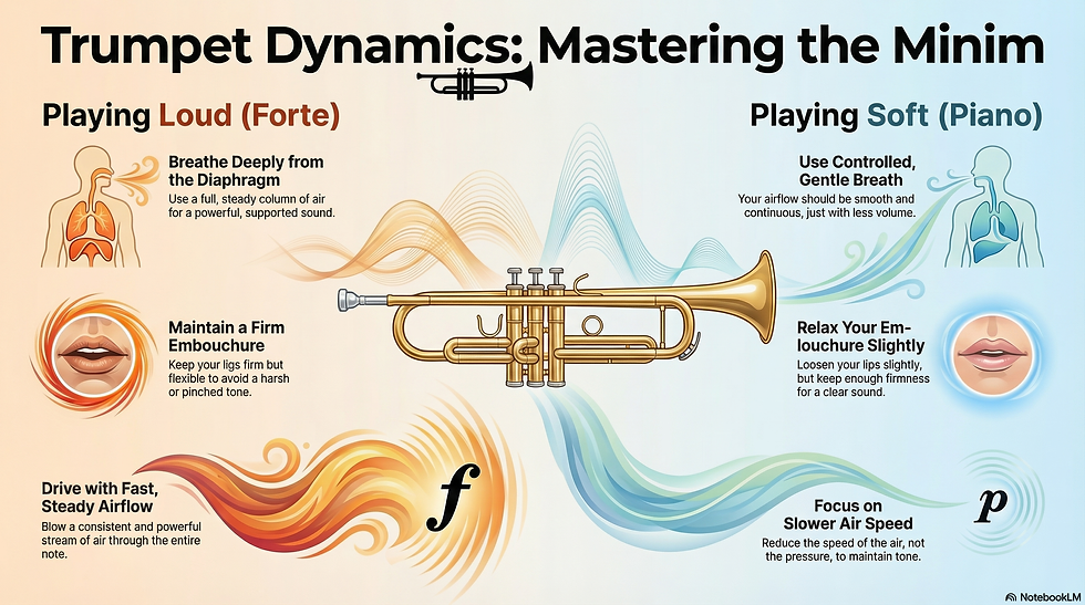 Trumpet dynamics infographic shows tips for playing loud and soft, emphasizing breath control, embouchure, and airflow with colorful waves.