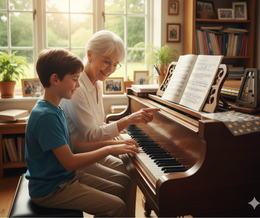 A teacher guides a young student through a piano lesson, pointing at the sheet music with encouragement and expertise.