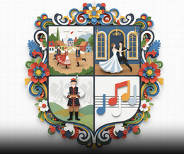 Intricate paper art showcases Polish culture with vibrant floral designs, traditional dancers, national attire, and musical notes, celebrating a rich heritage.