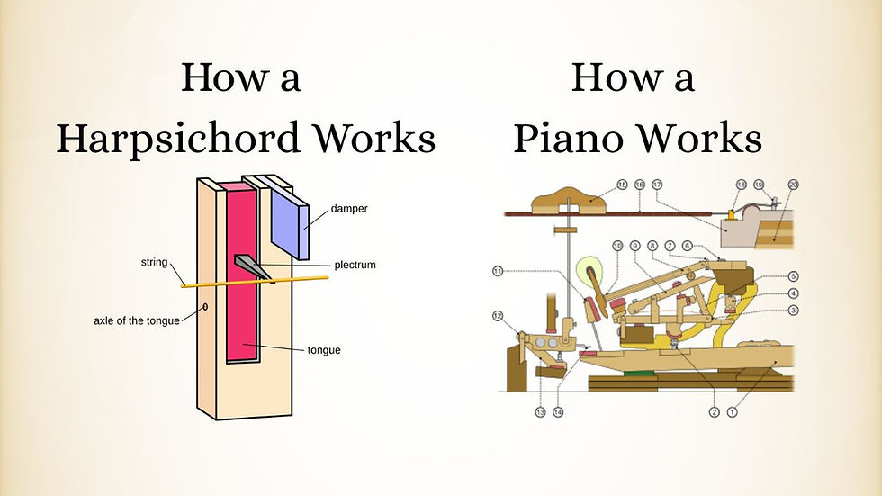 Diagram illustrating the mechanical workings of a harpsichord and a piano, highlighting the key differences between the plucking action of the harpsichord and the striking mechanism of the piano. (Note the images are from Wiki Commons. The numbers on the piano mechanism can be found on https://en.wikipedia.org/wiki/Action_(piano) and https://en.wikipedia.org/wiki/Harpsichord