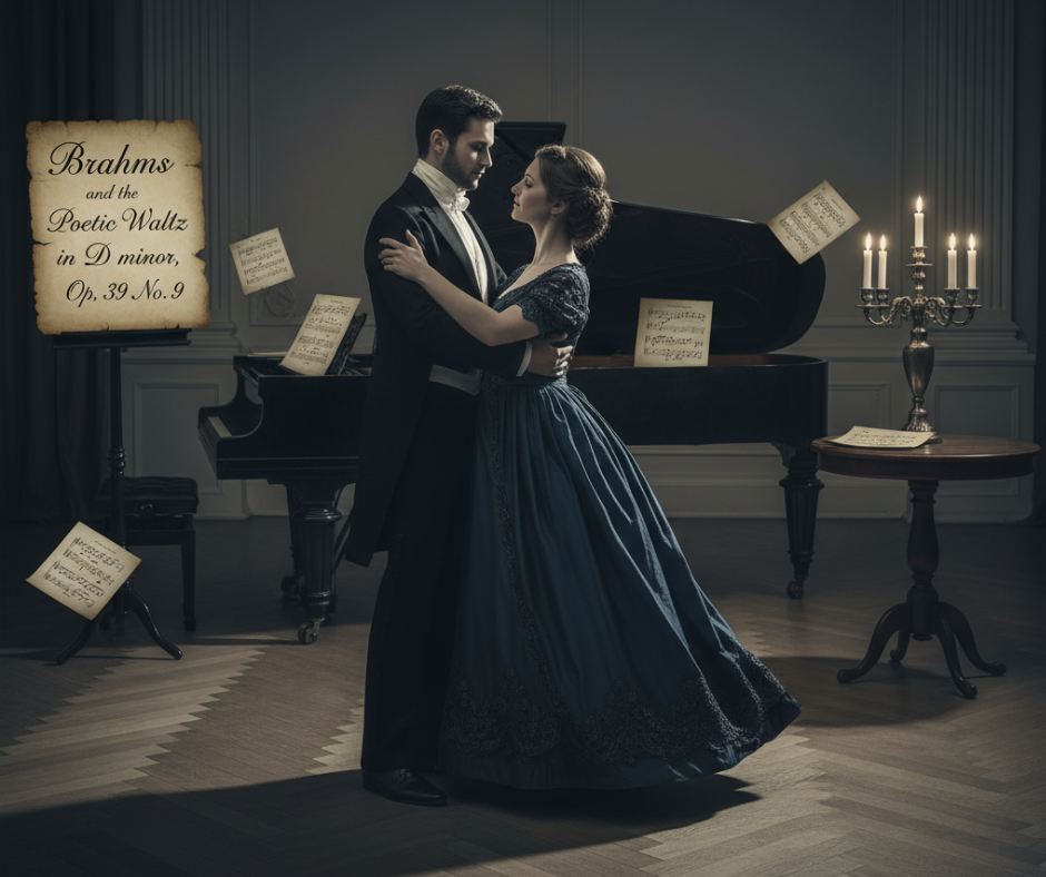 A couple waltzes in elegant attire beside a piano, surrounded by floating sheet music. A candlelit ambiance enhances the romantic setting.