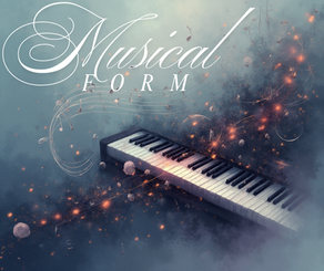 A dreamy representation of musical expression with a piano keyboard wrapped in swirling notes and glowing lights, capturing the essence of creative form.