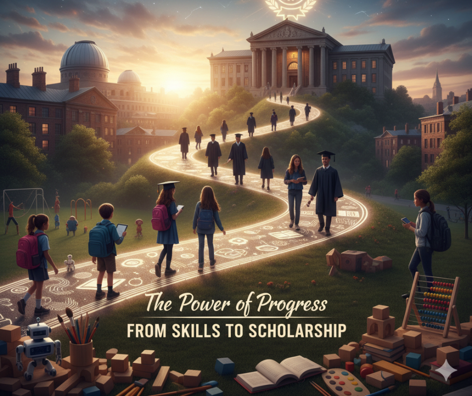 Students journey along a glowing path of knowledge toward a grand university, symbolizing the transformative power of education from early skills to scholastic achievement.