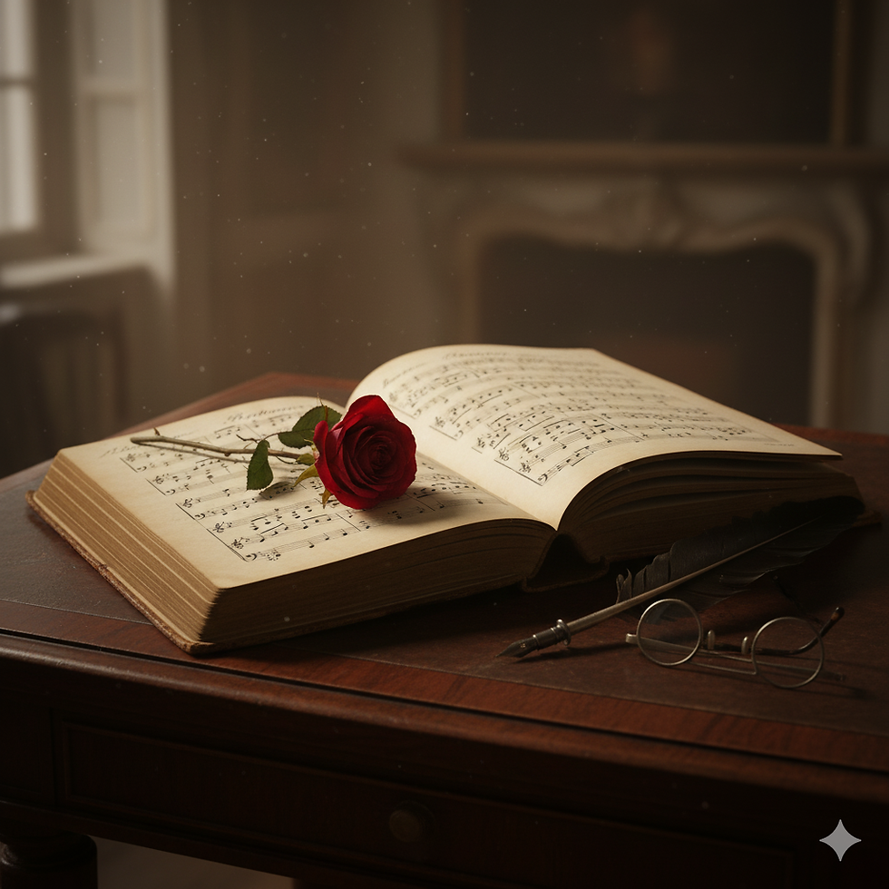 An open music book with a red rose on it lies on a wooden table. Nearby are an old quill and round glasses. Soft light from a window illuminates the scene.