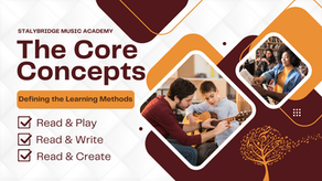 Explore the core concepts of music learning at Stalybridge Music Academy, emphasizing 'Read & Play,' 'Read & Write,' and 'Read & Create' through engaging instructional methods.
