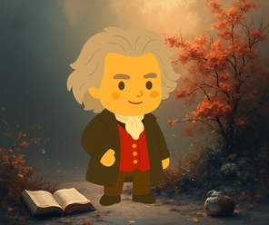 A cute animated Beethoven in a classic outfit stands amidst a serene autumn landscape, accompanied by an open book and a pumpkin, under the glow of a warm sunset.