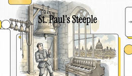 A young man rings the bells in St. Paul's Steeple, overlooking the iconic skyline of London through a grand arched window, with the cathedral visible in the distance. (AI generated)