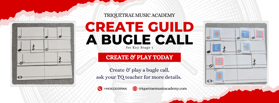 Promo poster for Triquetrae Music Academy with music notation panels, a red Create & Play Today banner, and bugle call text.