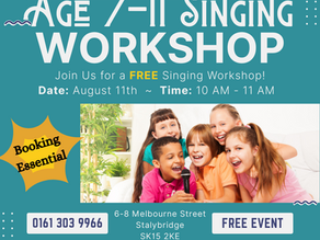 Children singing joyfully into a microphone. Text details a free singing workshop for ages 7-11 on August 11th, 10-11 AM in Stalybridge.