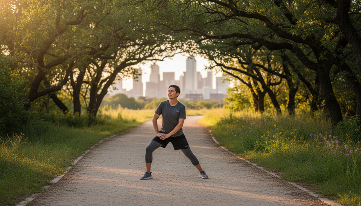 Eye-level view of a person stretching after a light outdoor workout.