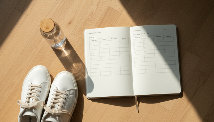Overhead view of a weekly wellness journal with walking shoes nearby.