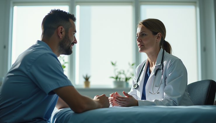Eye-level view of a medical professional consulting a patient in a bright clinic room in Carrollton, TX