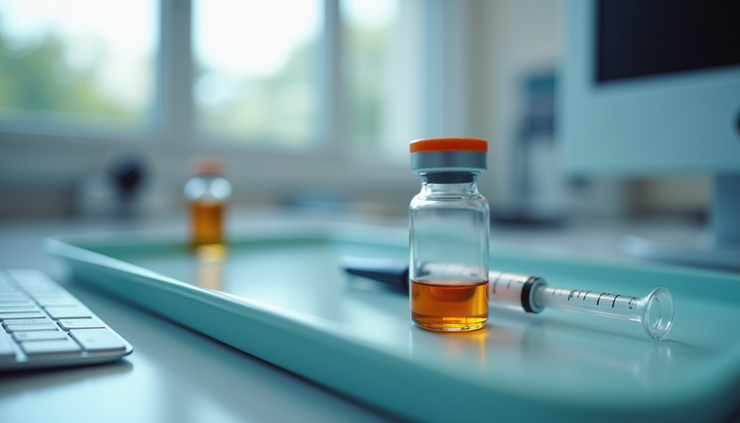 Close-up view of a vitamin injection vial and syringe on a medical tray in Carrollton clinic