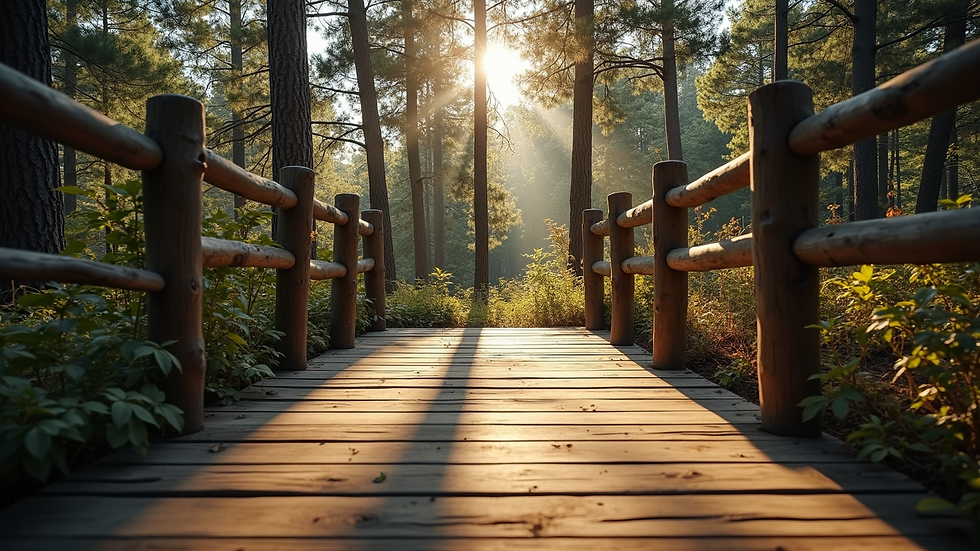 Wide angle view of a rustic wooden deck surrounded by trees
