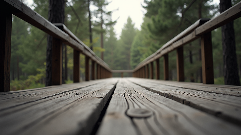 Eye-level view of a rustic wooden deck surrounded by pine trees