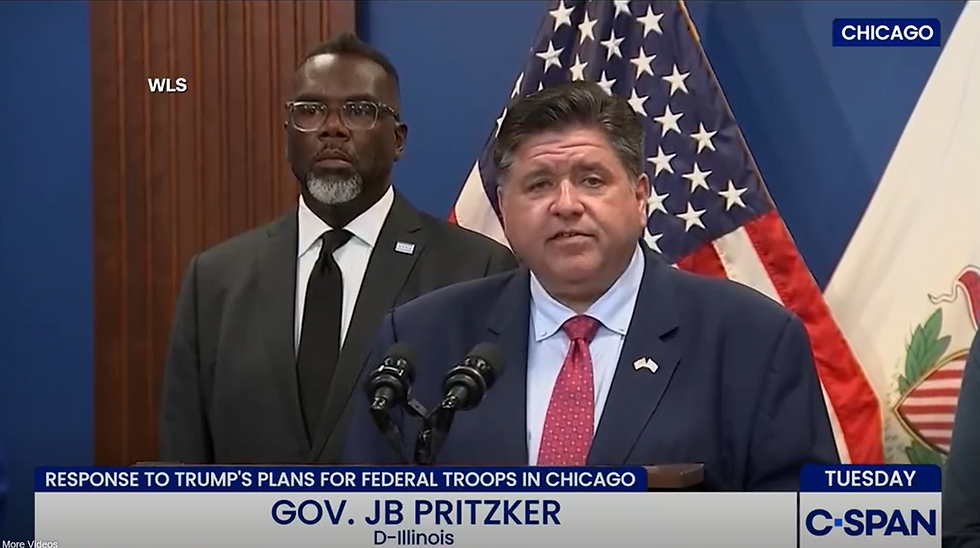 Illinois Gov. JB Pritzker speaking during a Sept. 2, 2025, news conference in response to President Trump's plan to deploy federal troops and agents to Chicago. Behind Pritzker stands Chicago Mayor Brandon Johnson. Credit: Screenshot of C-Span broadcast.