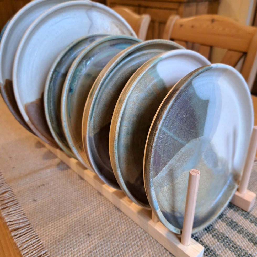 Handmade rustic ceramic plates in blue grey glaze, made in Northumberland