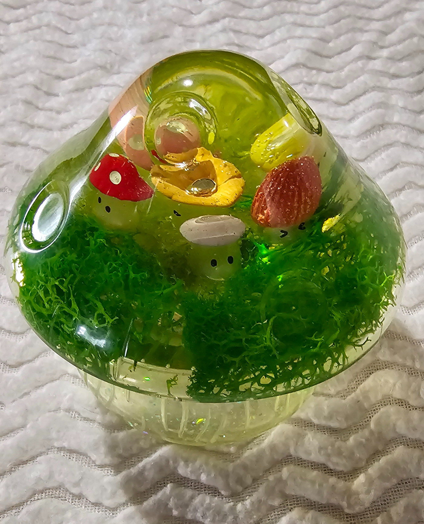 Large mushroom jar with small glow mushrooms and glow glitter