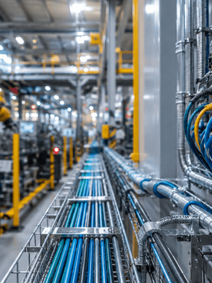 Close-up of structured network cabling installed in metal cable trays and industrial control panels inside a modern manufacturing facility, with automated robotic machinery blurred in the background, illustrating industrial Ethernet infrastructure and rugged factory-floor connectivity.