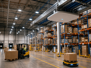 Modern warehouse interior with high metal storage racks, a ceiling-mounted WiFi access point connected via overhead cable tray, a forklift, and an autonomous mobile robot, illustrating structured cabling and wireless network infrastructure for logistics operations.