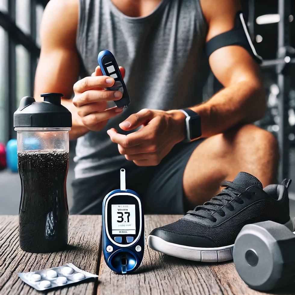 A close-up of a person in gym attire checking their blood sugar with a glucose monitor before a workout, ensuring stable levels for diabetes and fitness management.