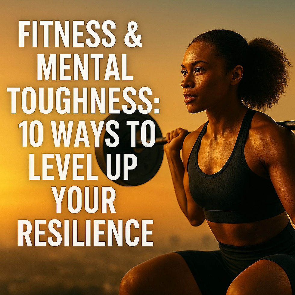 A fit athletic woman lifting a barbell at sunset, with bold overlay text that reads “Fitness & Mental Toughness: 10 Ways to Level Up Your Resilience