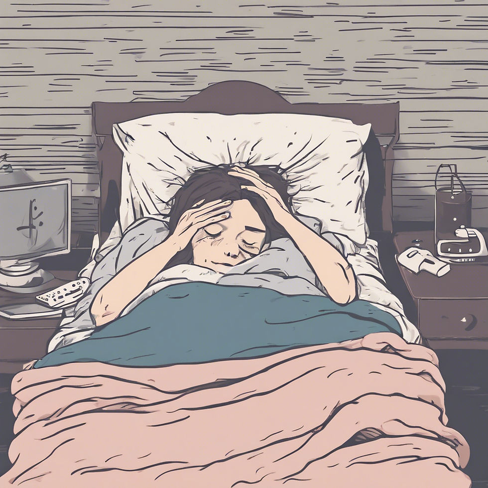 Person lying in bed with hands on head, showing signs of stress while trying to sleep. A glucose monitor is on the bedside table, symbolizing the relationship between stress, sleep, and blood sugar control.