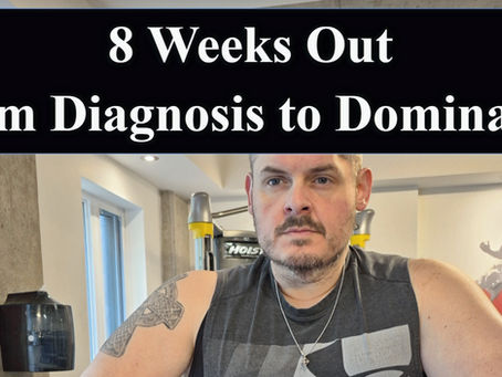 Social share image of man in gym with text overlay reading ‘8 Weeks Out – From Diagnosis to Dominance’ for Spartan race training plan blog