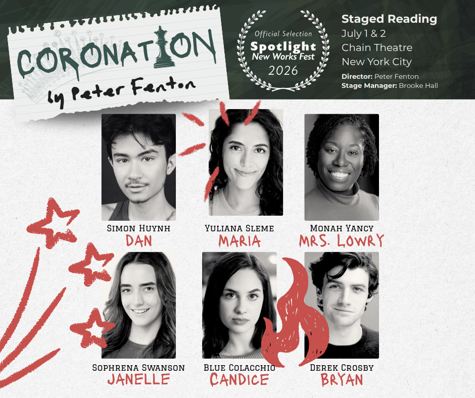 Poster for Coronation by Peter Fenton with six black-and-white cast headshots and Staged Reading details for New York City.