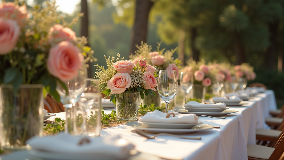 Eye-level view of a beautifully arranged table setting with floral centerpieces